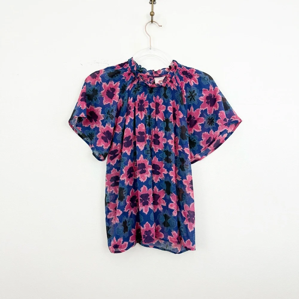 Banjanan Dahlia Smocked Floral Blouse Blue Pink Boho Cotton Top Size S - Picture 2 of 6